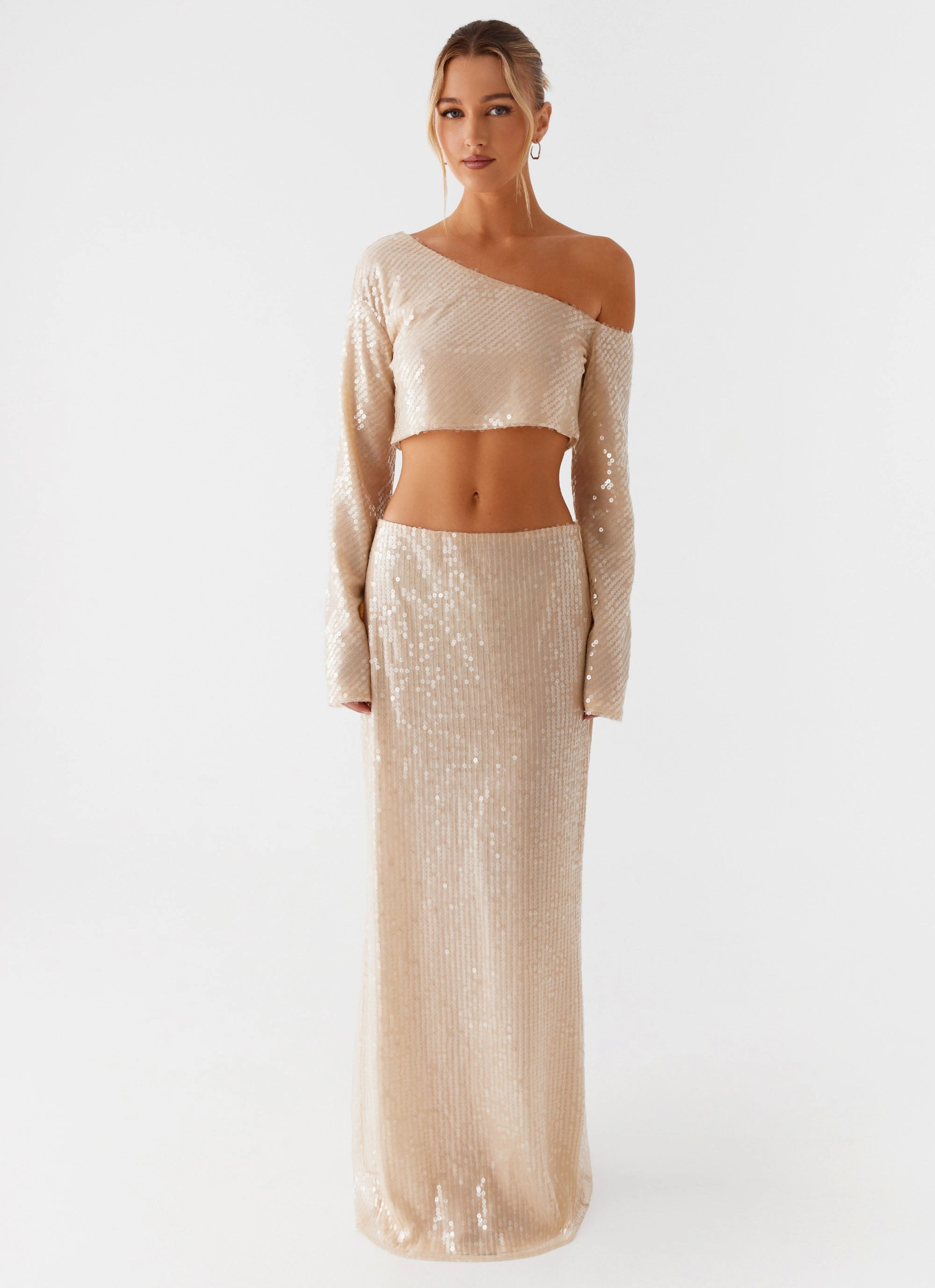 Smart Detail Wisteria Off Shoulder Long Sleeve Sequin Top - Champagne