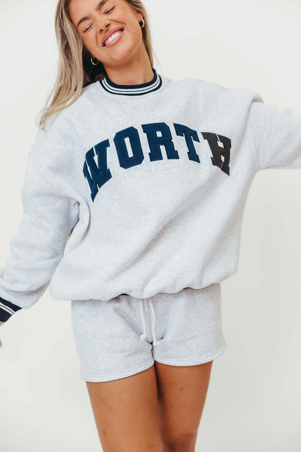 WORTH Preppy Embroider Crew Sweatshirt in Pearl Grey LowImpact Dye Non Chlorine Bleach Safe