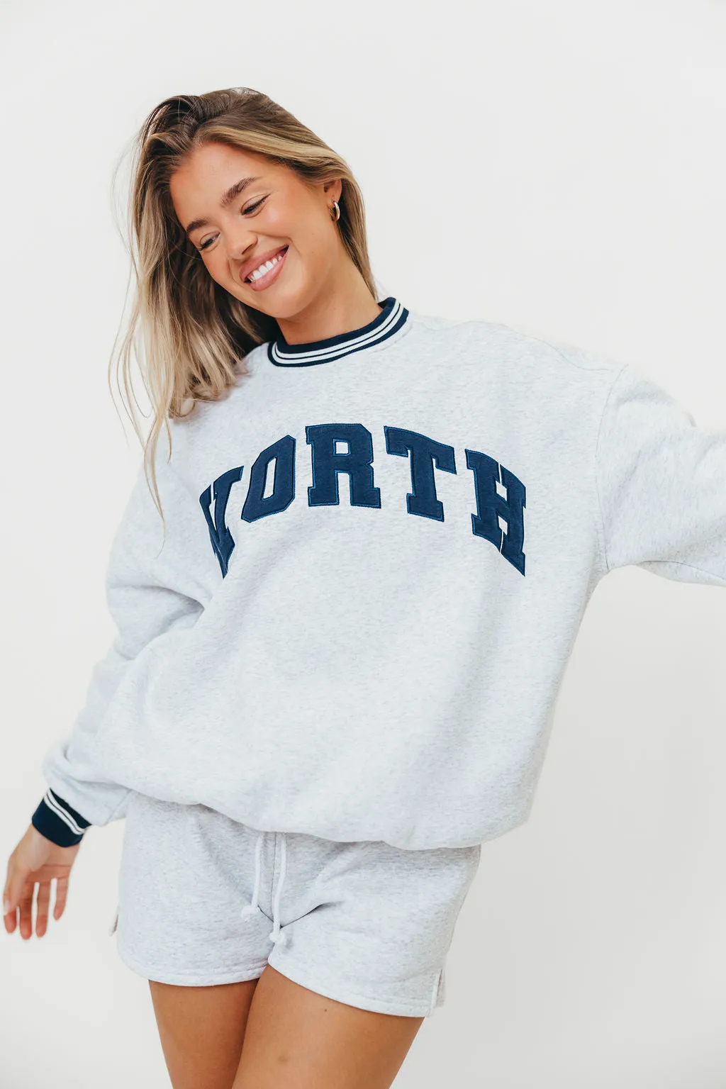 WORTH Preppy Embroider Crew Sweatshirt in Pearl Grey Sustainable Manufacturing