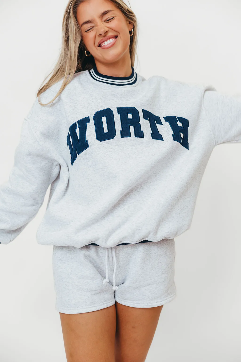 WORTH Preppy Embroider Crew Sweatshirt in Pearl Grey Home Style