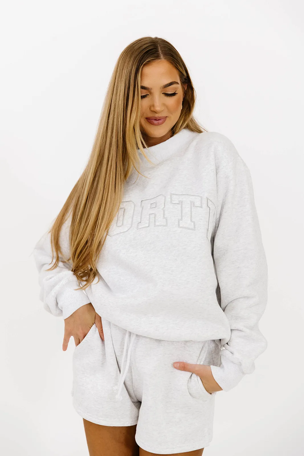 WORTH Tone On Tone Embroidered Mockneck Sweatshirt in Pearl Grey Seasonless Style Non Restrictive Silhouette