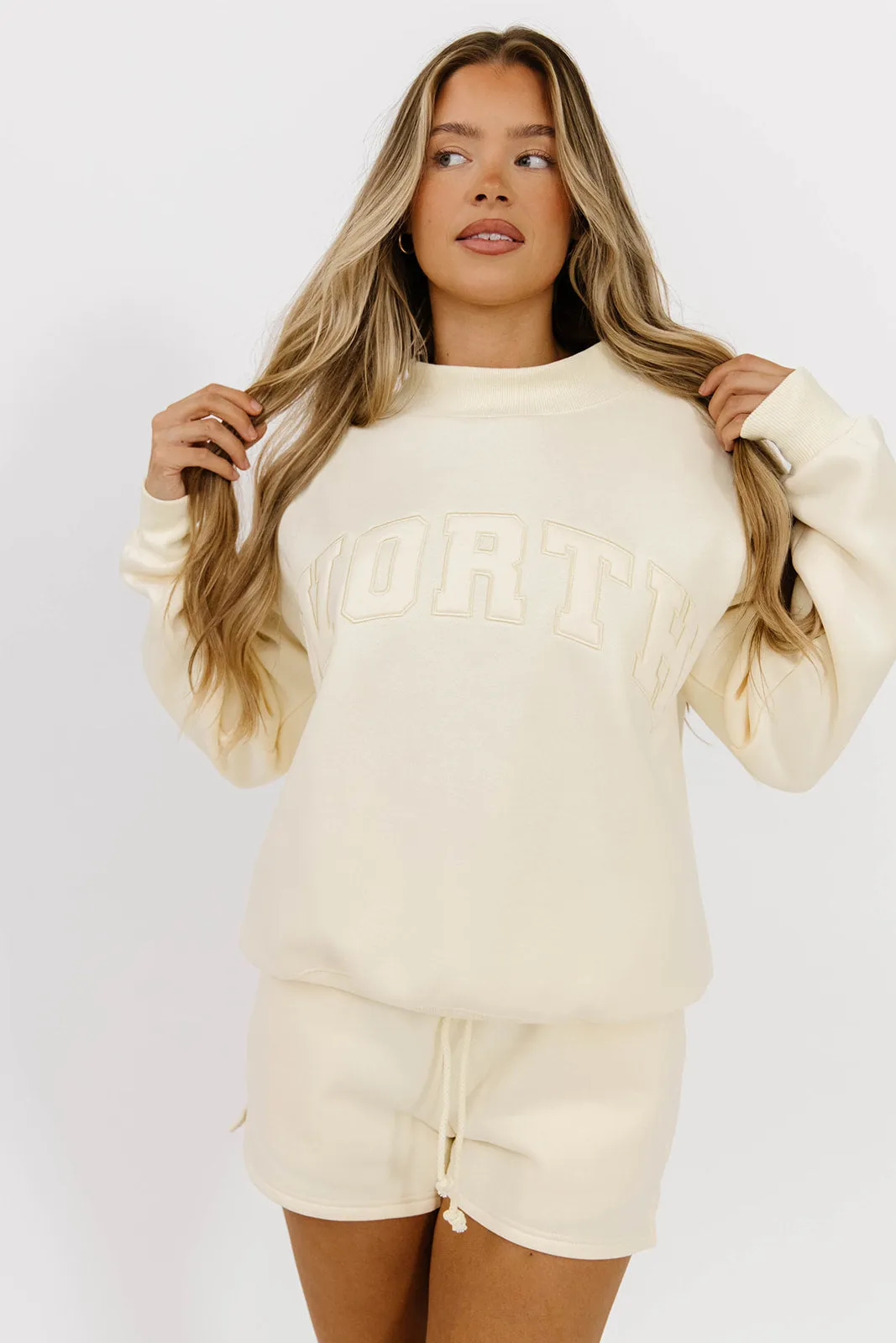 WORTH Tone On Tone Embroidered Mockneck Sweatshirt in Toasted Cream ShrinkageResistant Weave