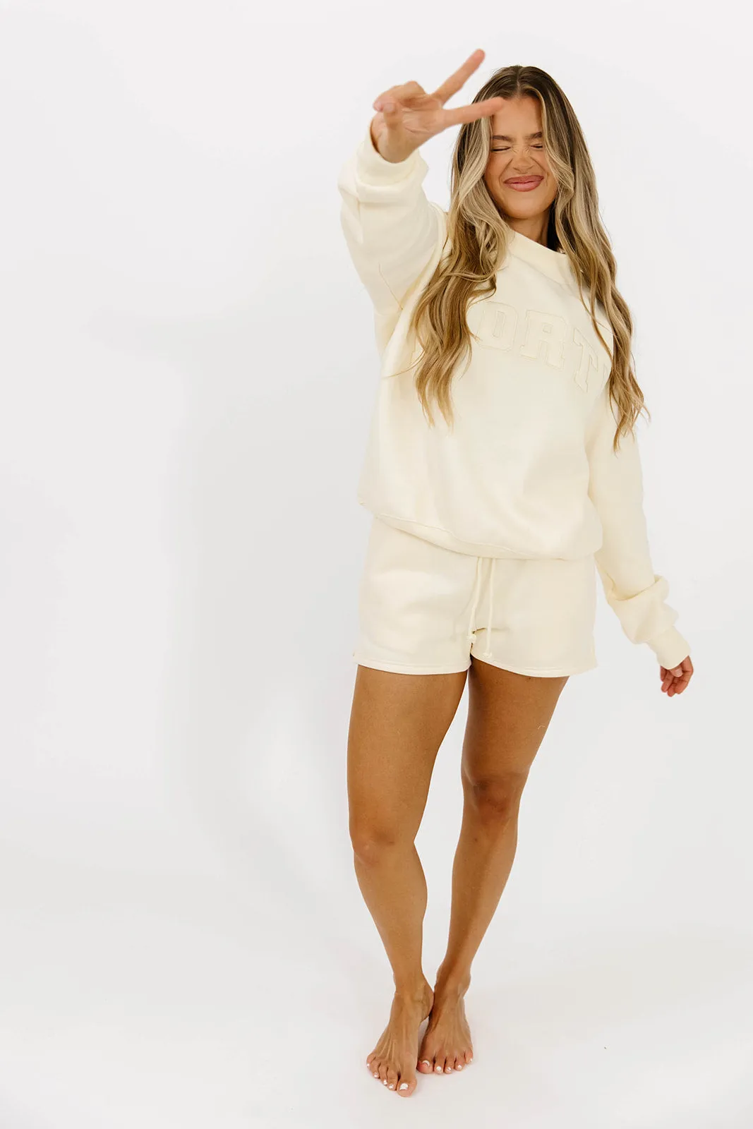 AntiPilling Technology Eco Conscious Manufacturing WORTH Tone On Tone Embroidered Mockneck Sweatshirt in Toasted Cream