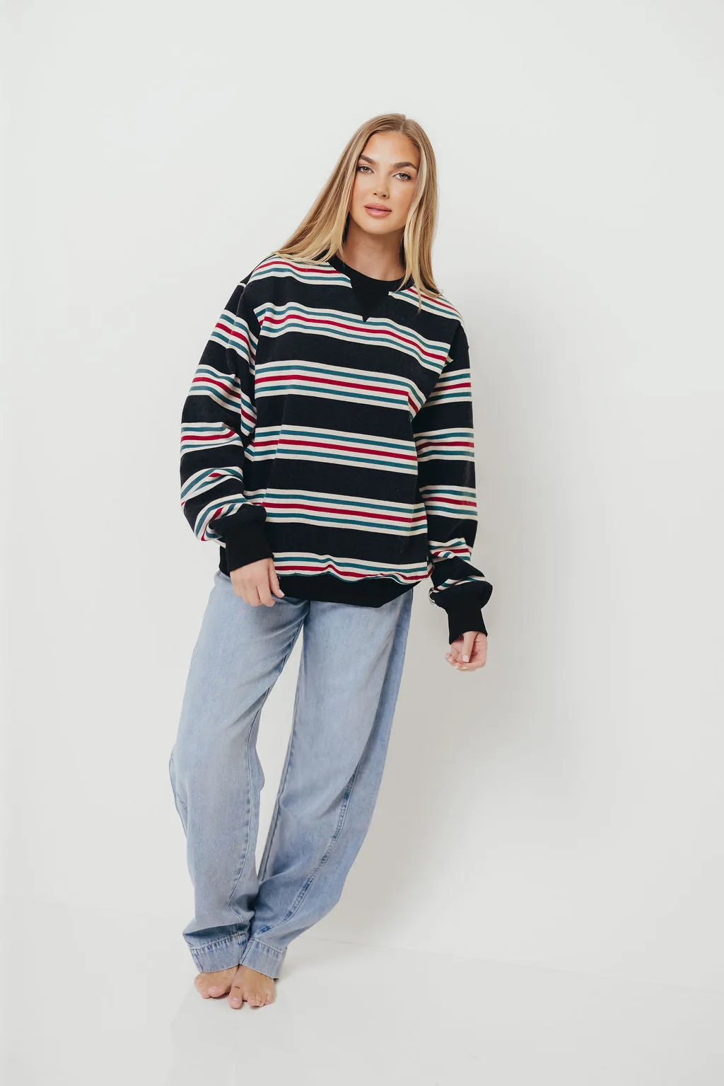 Urban Fashion Blake Retro Striped Crewneck Sweatshirt in Dust Navy