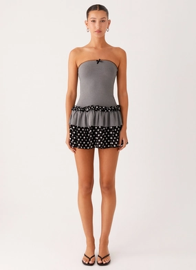 Yerin Strapless Frill Mini Dress - Grey Polkadot Neutral Feel Sophisticated Cut