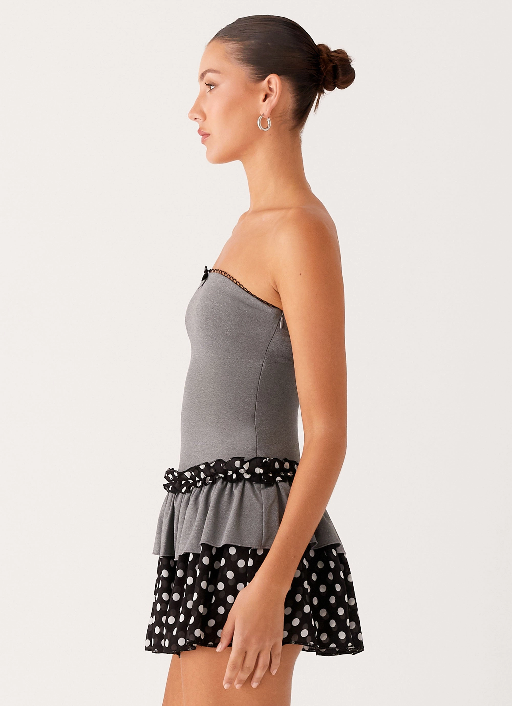 Yerin Strapless Frill Mini Dress - Grey Polkadot Feminine Mood