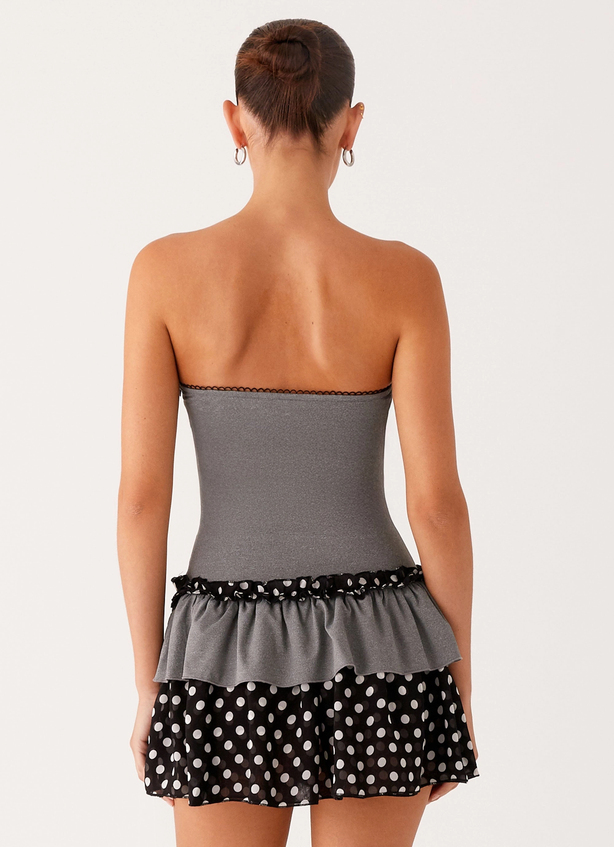 Night Style Yerin Strapless Frill Mini Dress - Grey Polkadot