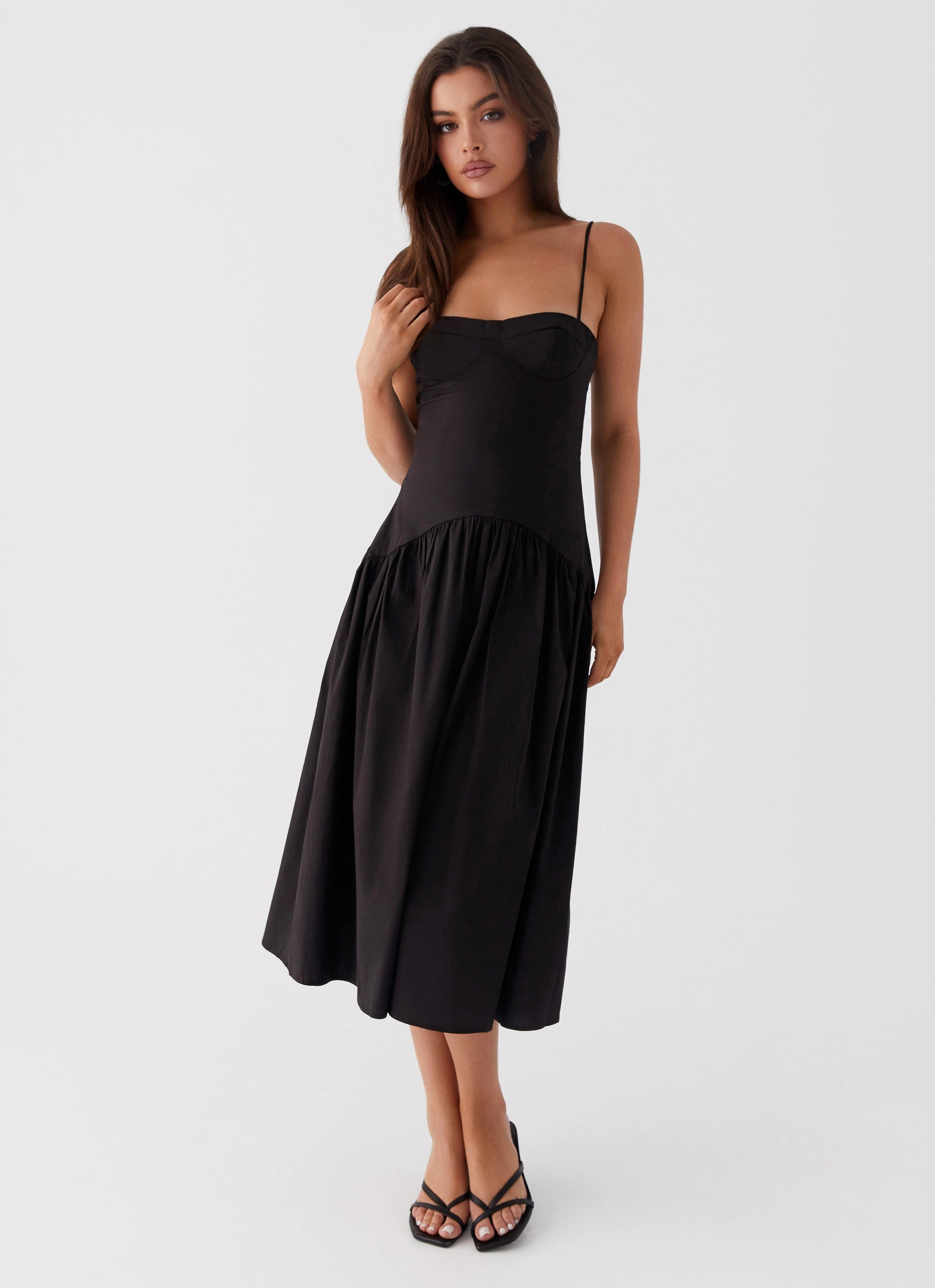 Yvette Corset Midi Dress - Black Flowy Texture Effortless Vibe