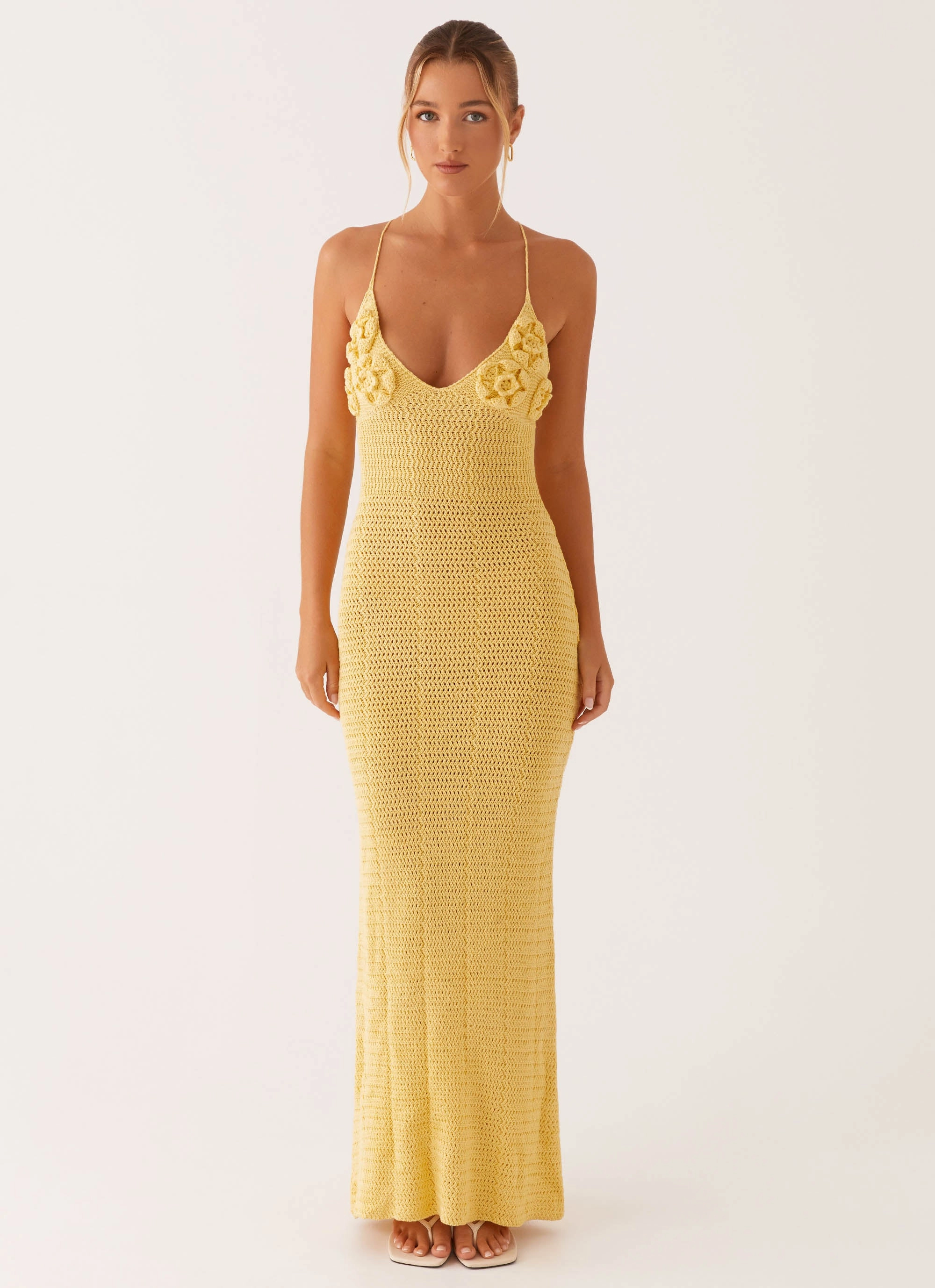 Scoop-Neck Zara Rose Crochet Maxi Dress - Yellow