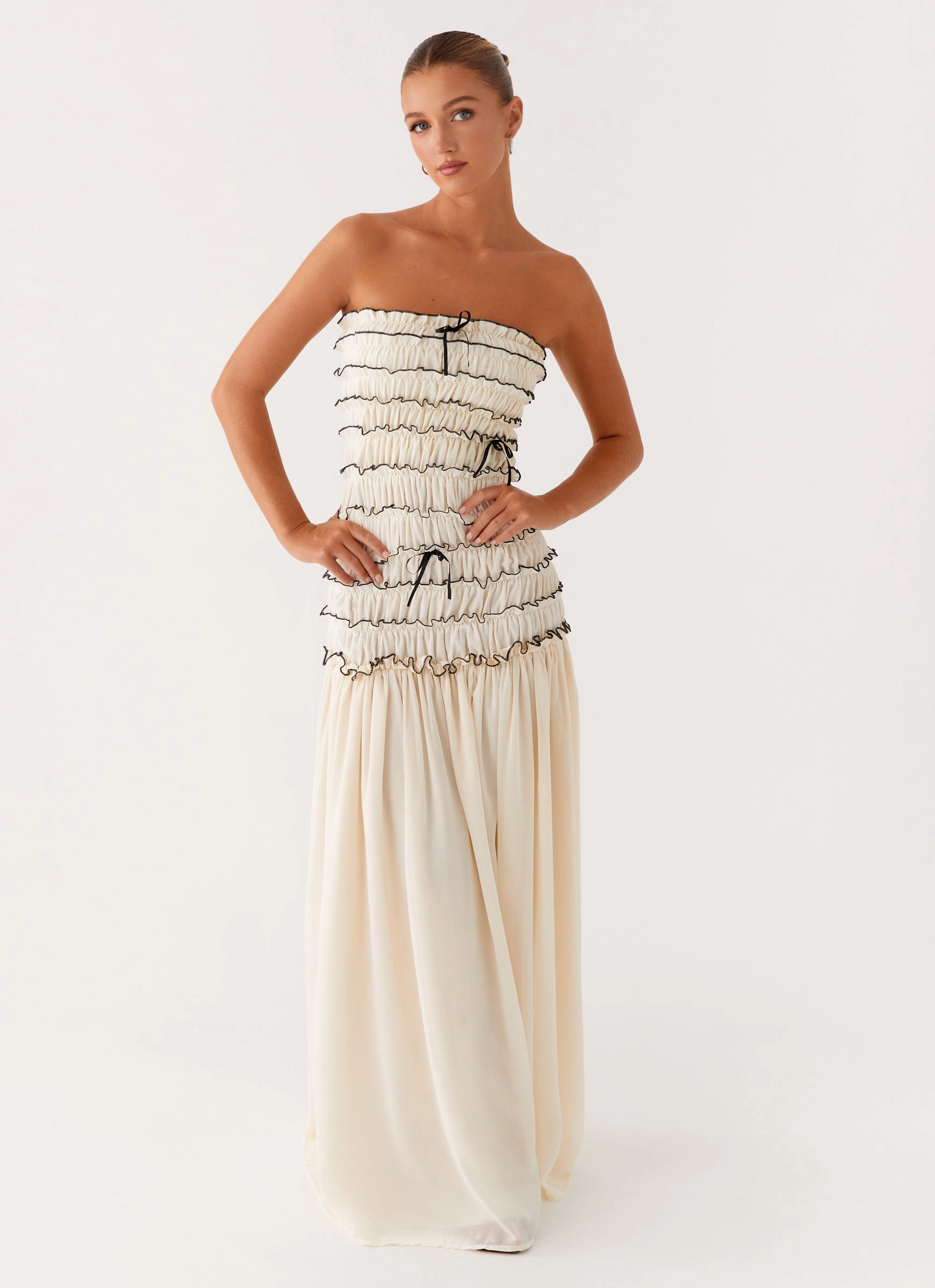 Zariah Maxi Dress - Ivory Flowing Design Wide Swing