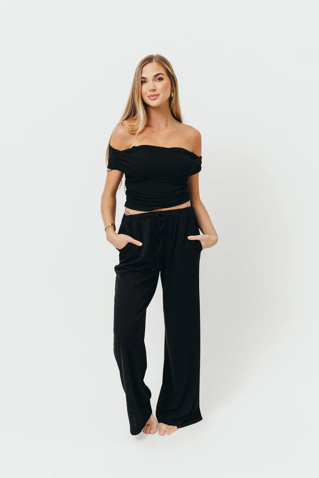 Home Comforted Zendaya Off-Shoulder Top and Drawstring Pants Set in Black